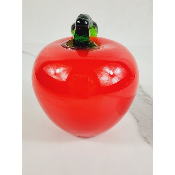 Art Glass Hand Blow Red Apple w/ Green Leaf Fruit Vegetable 4" Life Size 90s Vtg - Picture 6 of 14